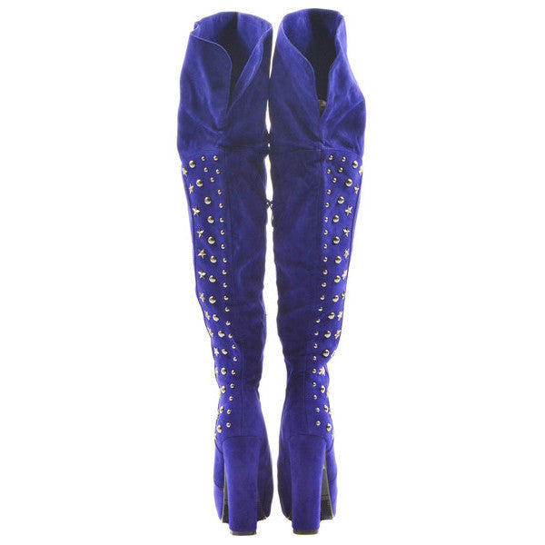 Blue Studded Star Pattern Thigh High Boots | Sexyback Boutique