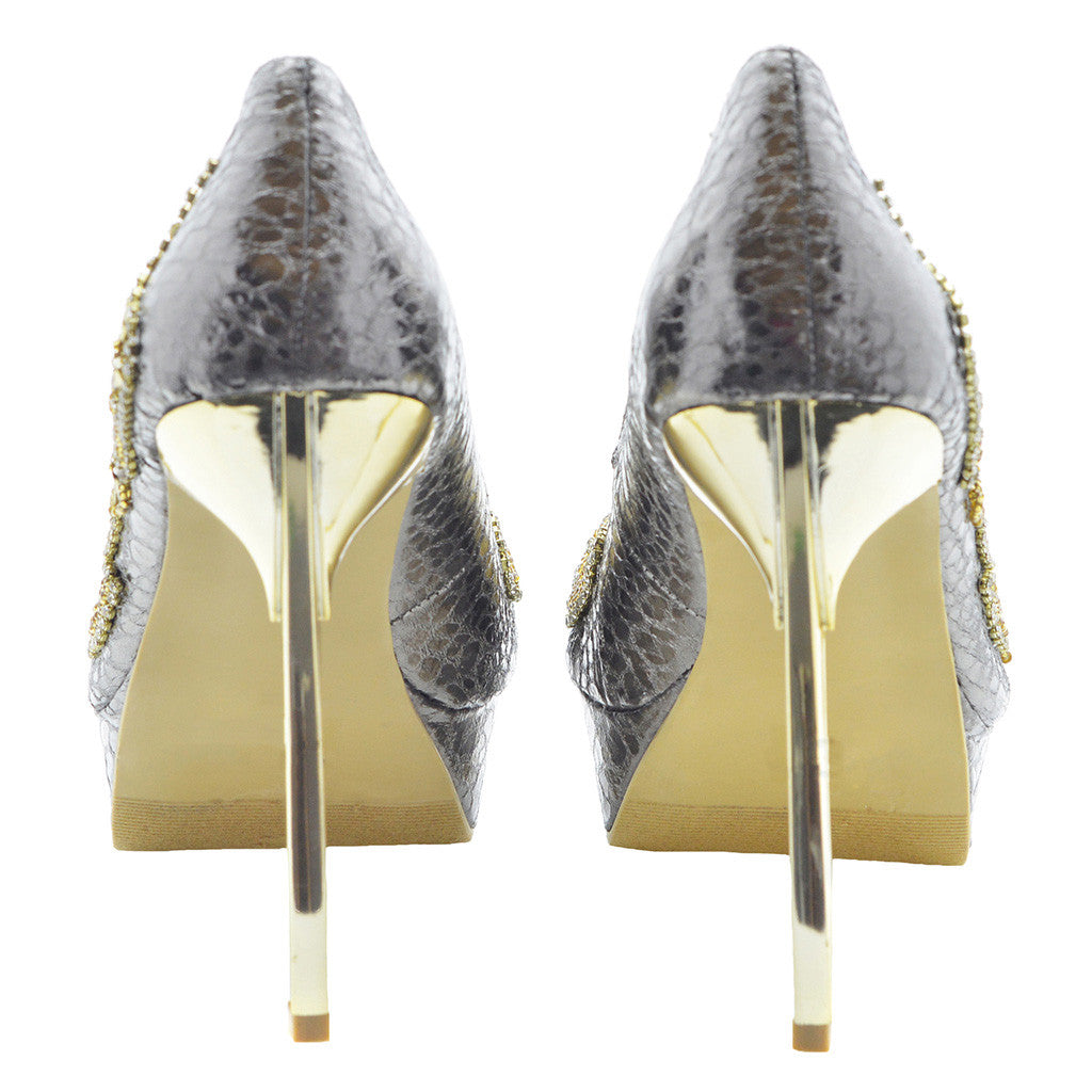 Grey Beaded Faux Leather Arrow Heels | Sexyback Boutique