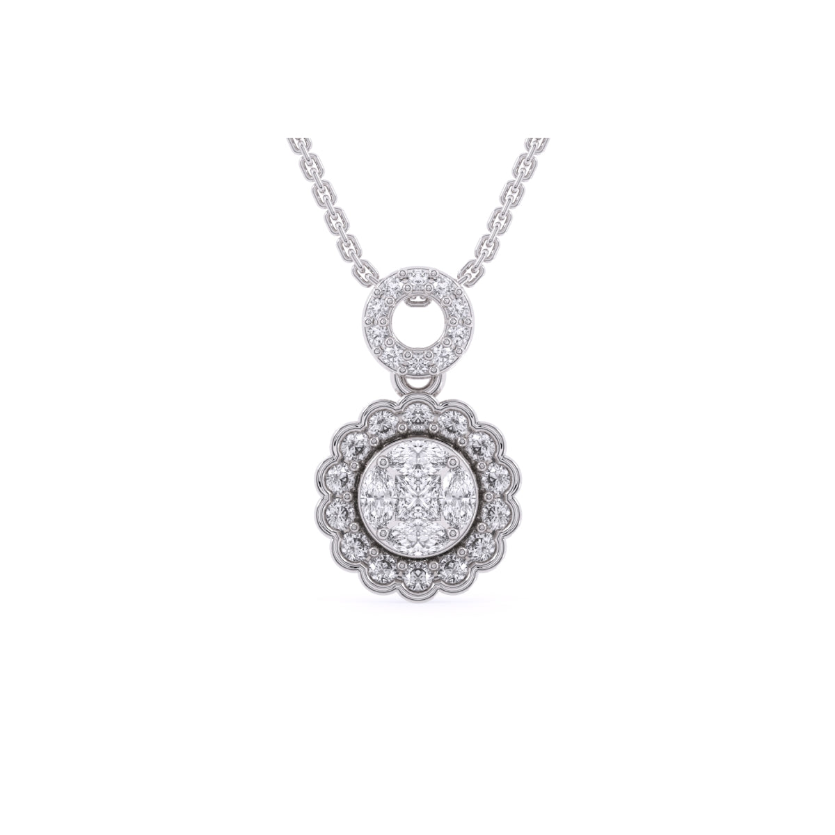 14K White Gold Three Stone Halo Diamond Necklace | Quality Gem LLC |  Bethel, CT