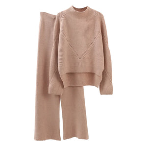 Knitted Women 2 Pieces Pant Sets 2022 Autumn Winter New Thicken Solid Warm Sweater and Wide Leg Pant Suits -  NestfulNook