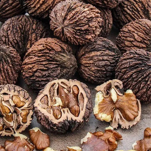 Whole and cracked black walnuts on a surface.