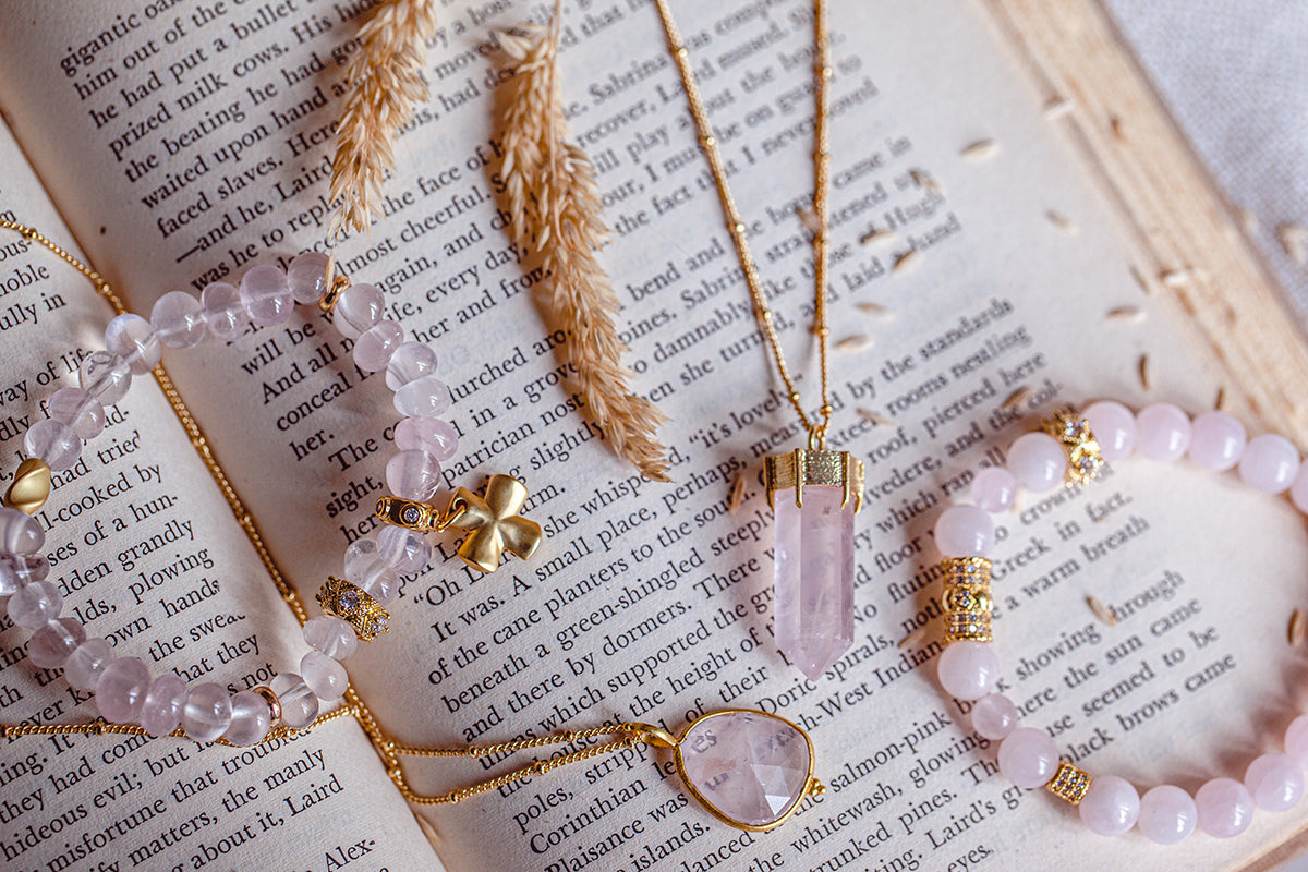 HEALING CRYSTAL JEWELRY QUEEN OF HEARTS rose quartz jewelry by the calm chakra