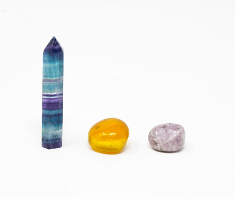 CRYSTALS FOR EMOTIONAL SUPPORT, YELLOW ONYX, RAINBOW FLUORITE, LEPIDOLITE