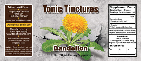 Tonic Tinctures Dandelion Root Liquid Extract Supplement Label