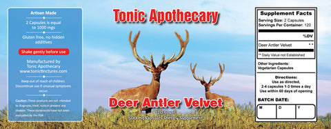 Tonic Tinctures Apothecary Deer Antler Velvet Capsules Supplement Label 120ct 500mgs