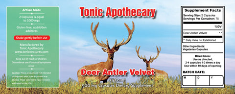 Tonic Tinctures Apothecary Deer Antler Velvet Capsules Supplement Label 75ct 500mgs