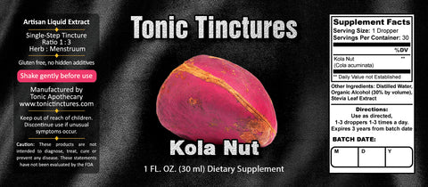 Tonic Tinctures Kola Nut Liquid Extract Supplement Label