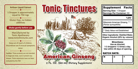 Tonic Tinctures American Ginseng Liquid Extract Supplement Label
