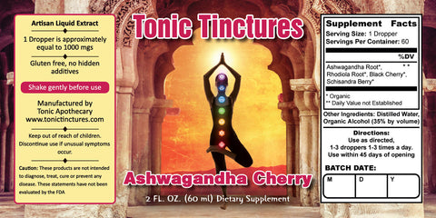 Tonic Tinctures Ashwagandha Cherry Liquid Extract Supplement Label