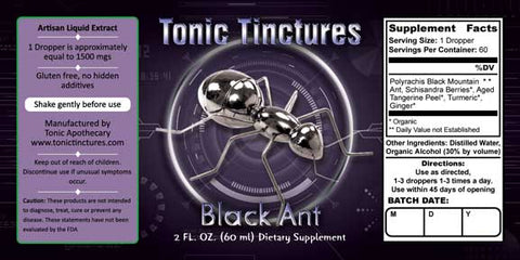 Tonic Tinctures Black Ant Liquid Extract Supplement Label