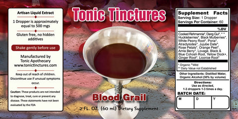 Tonic Tinctures Blood Grail Liquid Extract Supplement Label