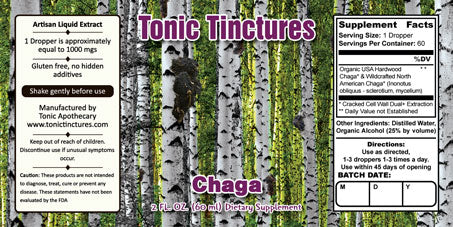 Tonic Tinctures Chaga Mushroom Liquid Extract Supplement Label