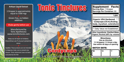 Tonic Tinctures Cordyceps Mushroom Supplement Label