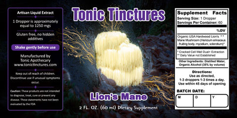 Tonic Tinctures Lion's Mane Supplement Label