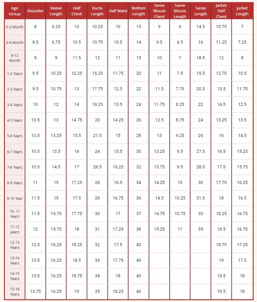 size chart for girls