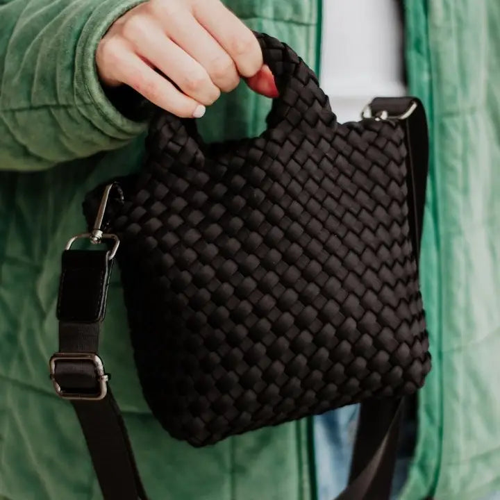 Woven Crossbody Bucket Bag in Black