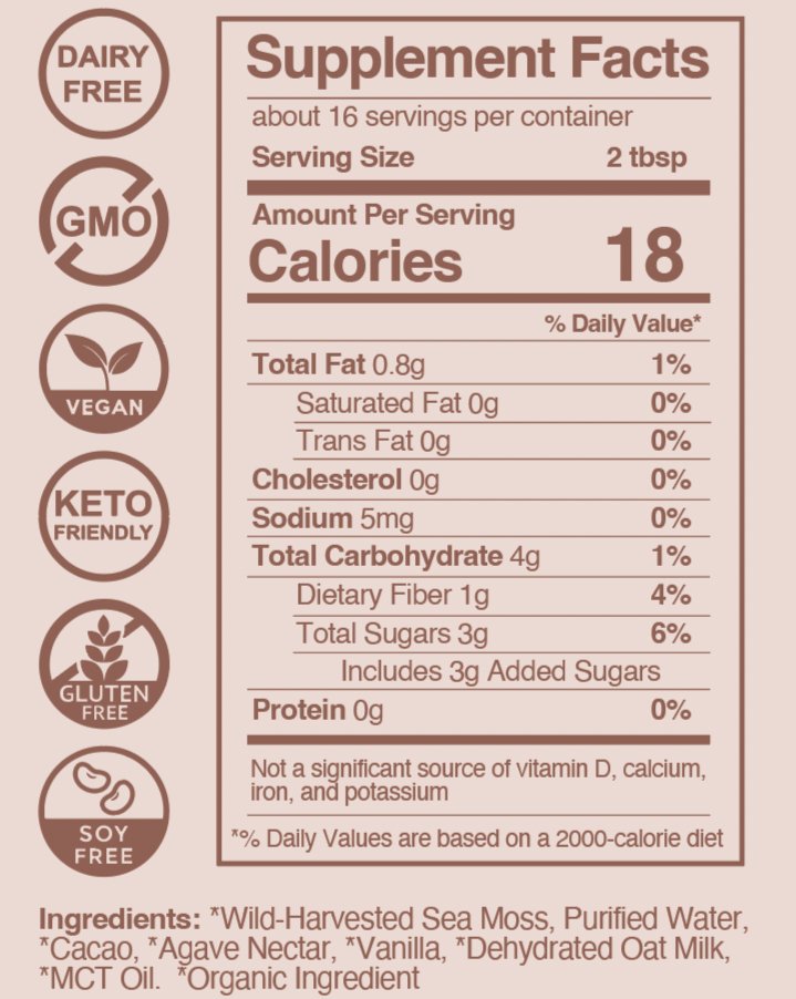 A nutritional label displaying "Supplement Facts" for a dietary product, with serving details and dietary icons indicating it's dairy, GMO, soy-free, vegan, keto, and gluten-free. It shows 18 calories per serving and lists ingredients like wild-harvested sea moss, cacao, and agave nectar.