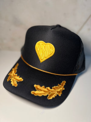 Saffron Jesus Heart on Black & Gold Leaf Trucker - Salt & Light Brim Co