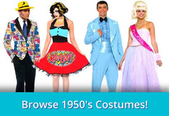 Image of people in 1950s costumes with text that says Browse 1950s Costumes