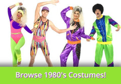 Image of people in 80s costumes with text that says Browse Hippie Costumes