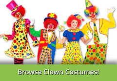 Image of people in clown costumes with text that says Browse Clown Costumes