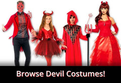 Image of people in devil costumes with text that says Browse Devil Costumes