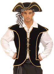 Image of a man wearing a black pirate costume vest and a match black pirate hat.