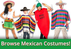 Image of people in Mexican costumes with text that says Browse Mexican Costumes