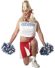 Image of a man wearing a funny cheerleader costume with a wig, skirt, and pom-poms.