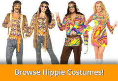 Image of people in hippie costumes with text that says Browse Hippie Costumes