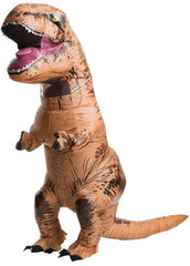 Image of a person wearing a large brown inflatable t-rex costume.