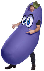 Image of a man wearing an inflatable purple eggplant emoji costume.