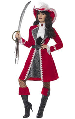 Image of a woman wearing a red Captain Hook pirate costume.