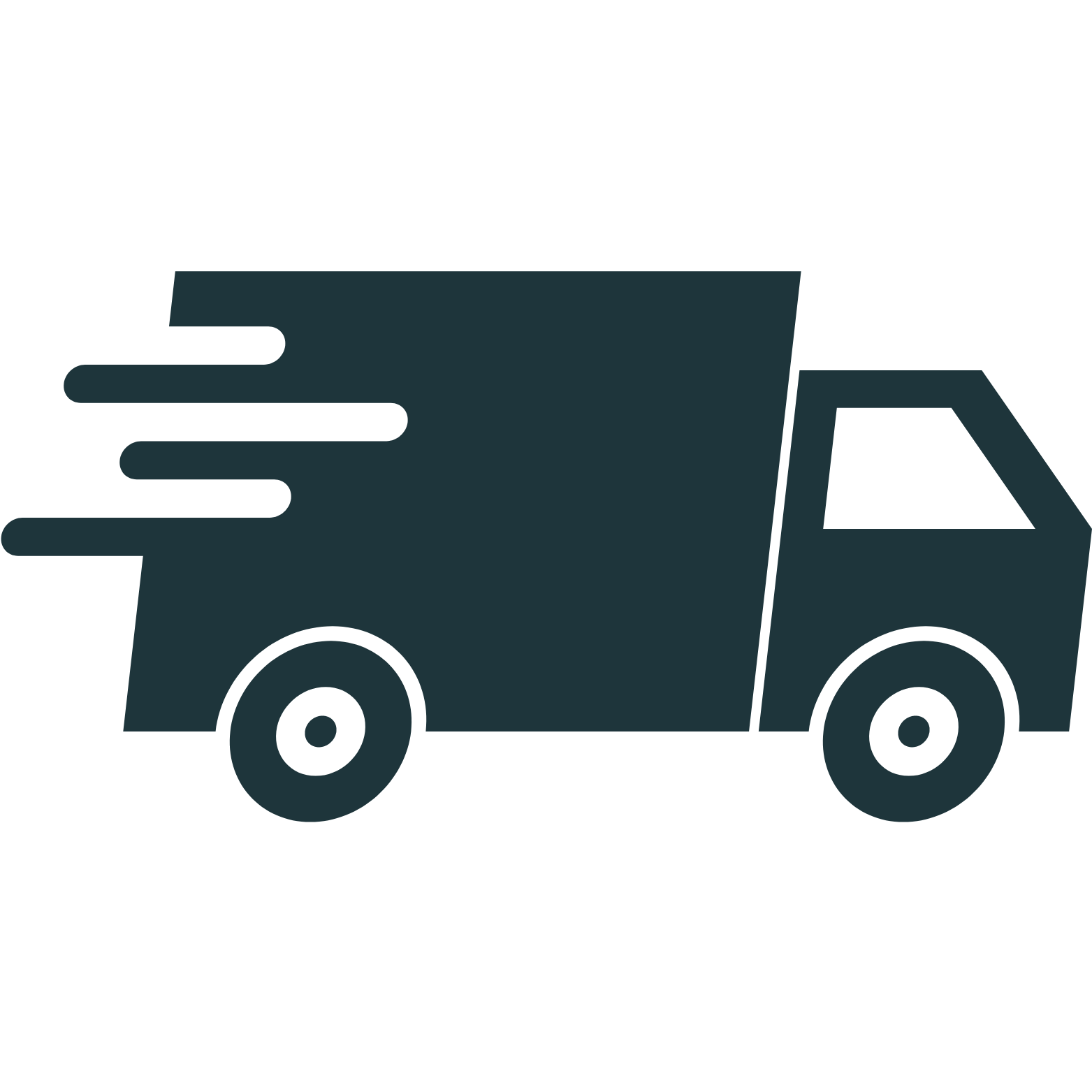 Illustration of a stylized blue delivery truck in motion.