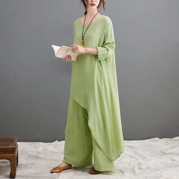 cambioprcaribe 2 piece zen outfit Green / M Evania Asymmetrical Shirt With Palazzo Pants | Zen