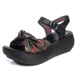 cambioprcaribe black printing / 5 Handmade Retro Floral Platform Leather Sandals