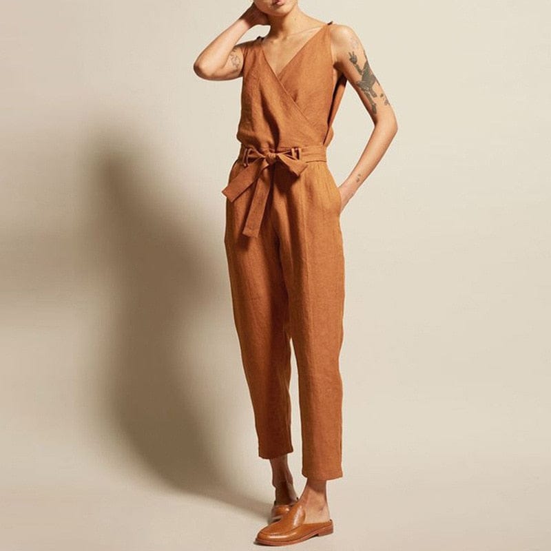 cambioprcaribe Caramel / S Casual Chic V Neck Sleeveless Overall