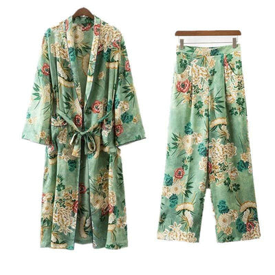 green kimono outfit