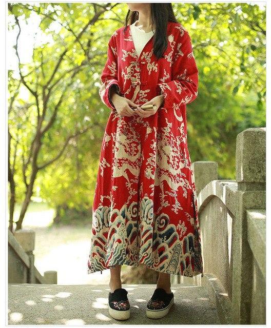 cambioprcaribe Cardigans Red / One Size Chinese Dragon Cotton Linen Long Cardigan