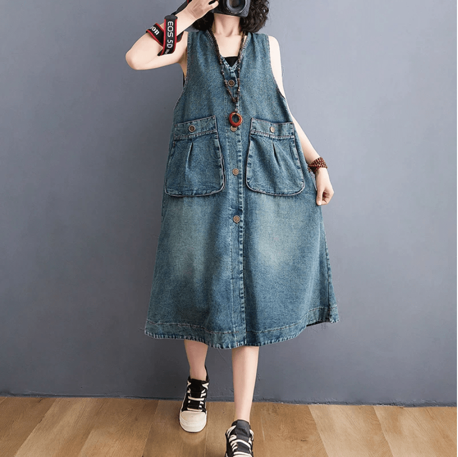 2134 Floral Printed Denim Dress Women Vintage Overalls Dress