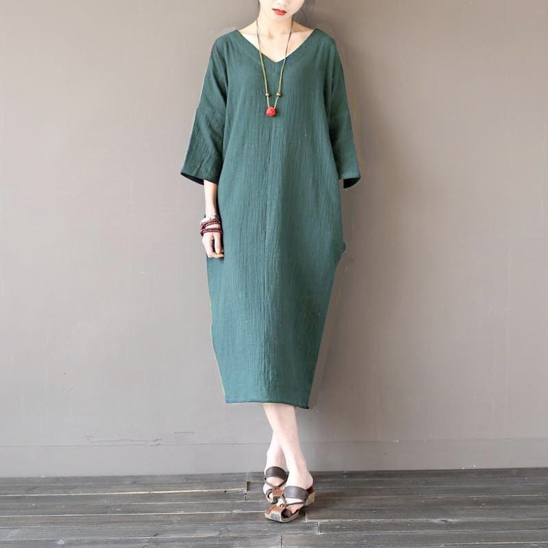 cambioprcaribe Dress army green / XL O-Neck Midi Cotton Linen Dress | Lotus