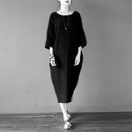 cambioprcaribe Dress Black / XL O-Neck Midi Cotton Linen Dress | Lotus
