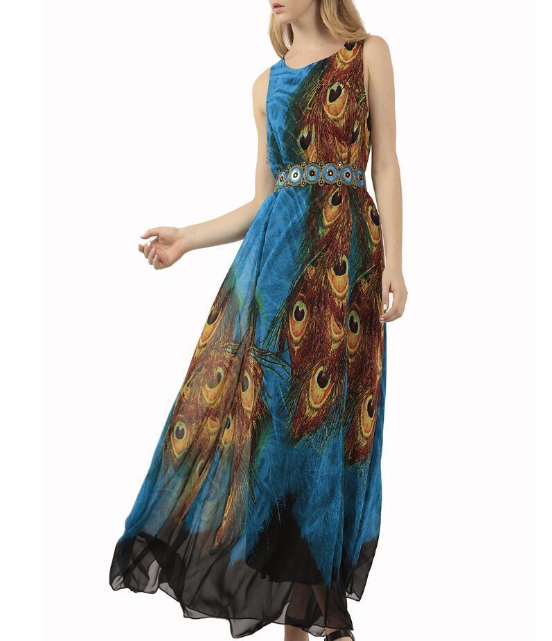 cambioprcaribe Dress Blue Peacock Chiffon Boho Maxi Dress