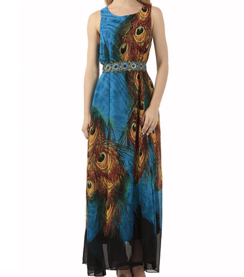 cambioprcaribe Dress Blue Peacock Chiffon Boho Maxi Dress