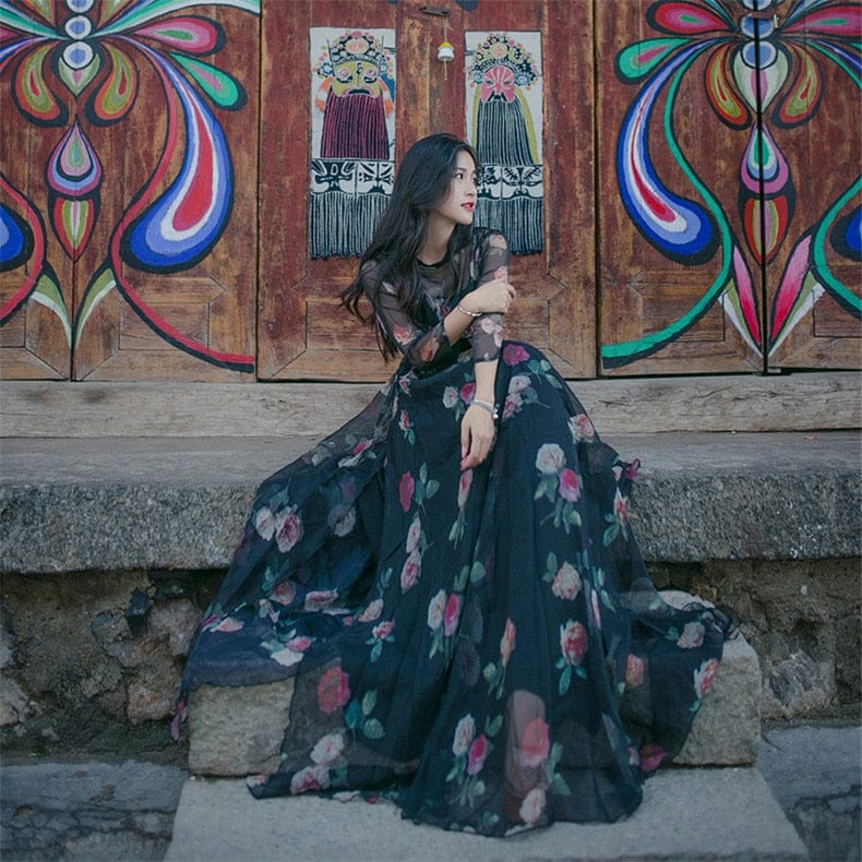 Boho Chic Black Floral Chiffon Maxi Dress | Mandala