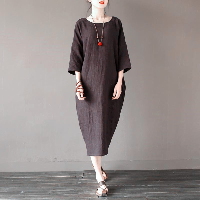 cambioprcaribe Dress brown / XL O-Neck Midi Cotton Linen Dress | Lotus