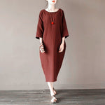 cambioprcaribe Dress jujube red / XL O-Neck Midi Cotton Linen Dress | Lotus