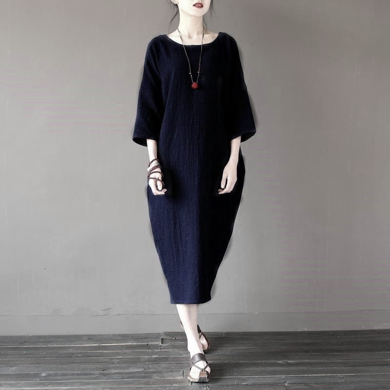 cambioprcaribe Dress navy blue / XL O-Neck Midi Cotton Linen Dress | Lotus