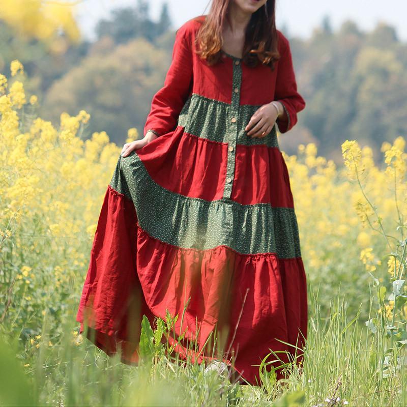 Red and Green Franfreluche Bohemian Hippie Dress