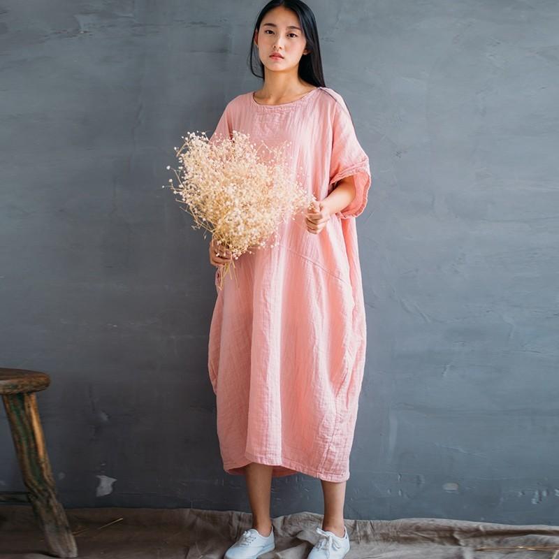 cambioprcaribe Dress pink / One Size Loose Pure Colors Cotton Linen Maxi Dress  | Zen